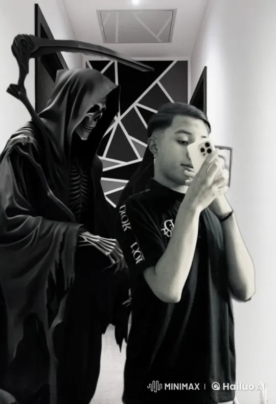 Skeletal Figure Embraces and Kisses Boy in Dark Hallway – AI Generated Video | Hailuo AI