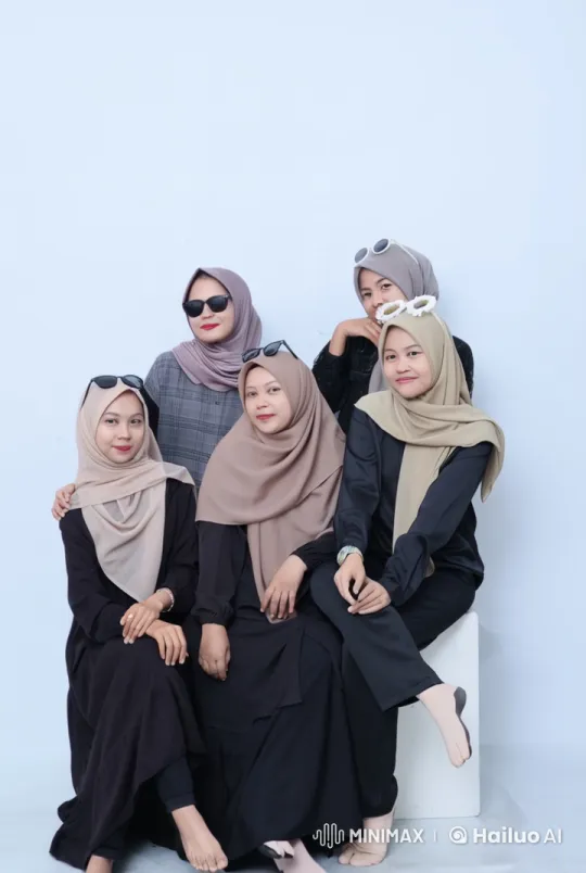 Five Stylish Women in Hijabs Pose for a Live2D Group Photo – AI Generated Video | Hailuo AI
