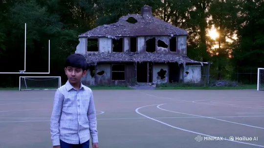 Boy Confronts Haunted House at Twilight Playground – AI Generated Video | Hailuo AI