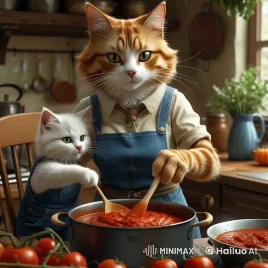 Anthropomorphic Cats Cook Together in Rustic Kitchen – AI Generated Video | Hailuo AI
