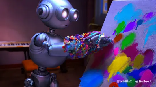 Robotic Artist Expresses Aesthetic Wonder on Canvas – AI Generated Video | Hailuo AI