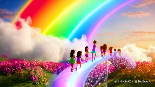 Magical Children Dance on Ethereal Rainbow Bridge – AI Generated Video | Hailuo AI