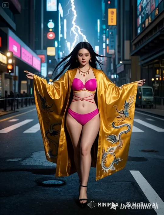 Stylish Woman Strides Confidently in Golden Robe on Neon City Street – AI Generated Video | Hailuo AI