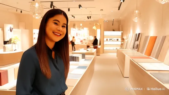 Stylish Woman Presents Tiles in Elegant Boutique Setting – AI Generated Video | Hailuo AI