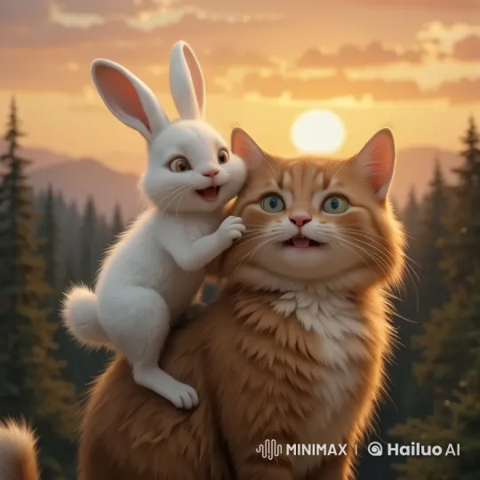 Rabbit and Cat's Peaceful Friendship in Golden Forest – AI Generated Video | Hailuo AI