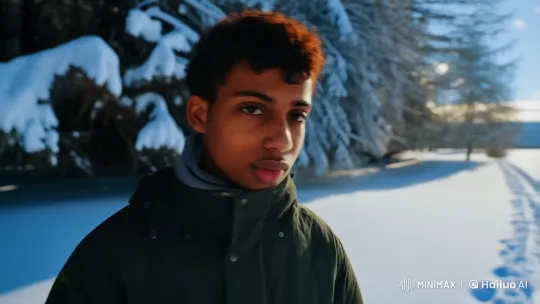 Focused Young Man Walks Through Snowy Winter Landscape – AI Generated Video | Hailuo AI