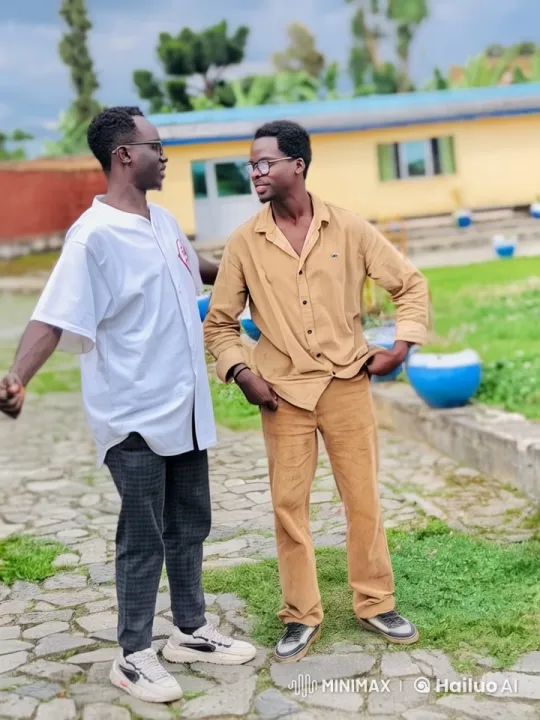 Two Men Playfully Interacting in Lush Garden Setting – AI Generated Video | Hailuo AI