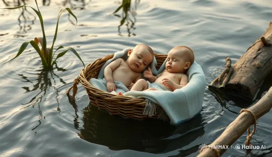 Cinematic River Journey of a Floating Basket with Twins – AI Generated Video | Hailuo AI