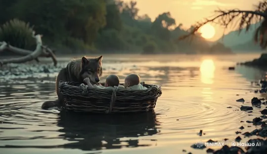 She-Wolf Meets Babies by Misty River at Sunset – AI Generated Video | Hailuo AI