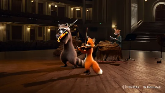 Enchanted Concert: Raccoon and Fox Cub in a Dim Conservatory – AI Generated Video | Hailuo AI