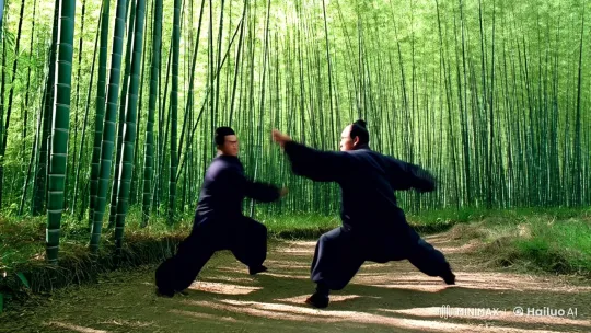 Elegant Kungfu Masters Battle in Bamboo Forest – AI Generated Video | Hailuo AI