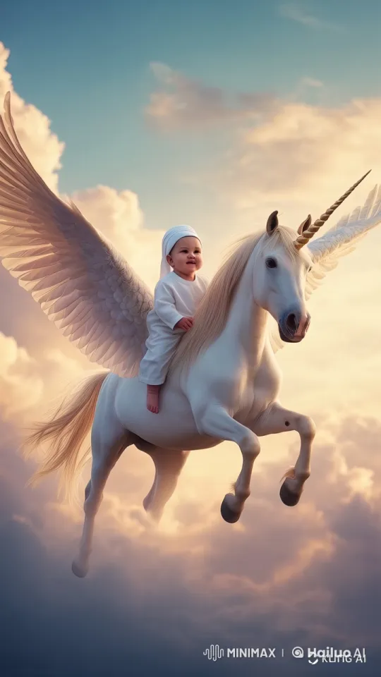 Magical Flight: A Child and Winged Unicorn in the Sky – AI Generated Video | Hailuo AI