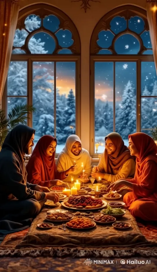 Muslim Family Celebrating Together in Cozy Winter Scene – AI Generated Video | Hailuo AI