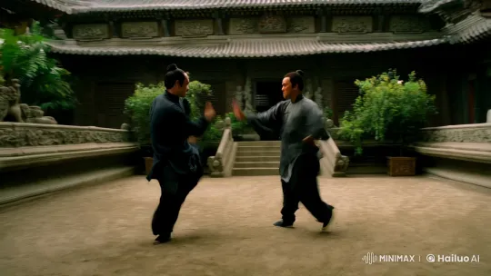 Aesthetic Kungfu Fight in Traditional Chinese Courtyard – AI Generated Video | Hailuo AI