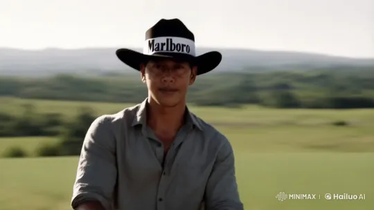 Man in Marlboro Hat Rides Horse Through Countryside – AI Generated Video | Hailuo AI