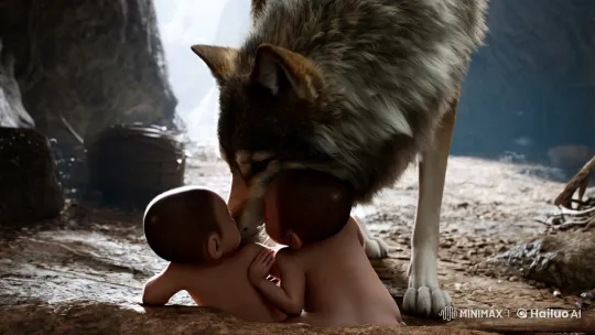The She-Wolf's Gaze: A Hyperrealistic Scene of Nursing Romulus and Remus – AI Generated Video | Hailuo AI