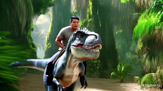 Man Escapes on T-rex Through Lush Jungle - Cinematic Scene – AI Generated Video | Hailuo AI