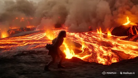 Girl Escapes Through Fiery Volcanic Chaos – AI Generated Video | Hailuo AI