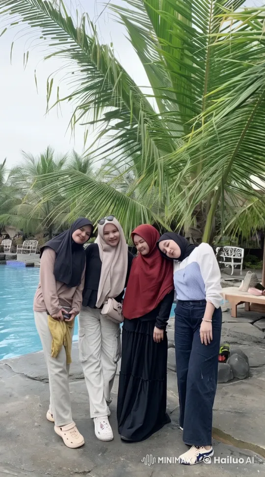 Four Women Joyfully Leap into Poolside Serenity – AI Generated Video | Hailuo AI