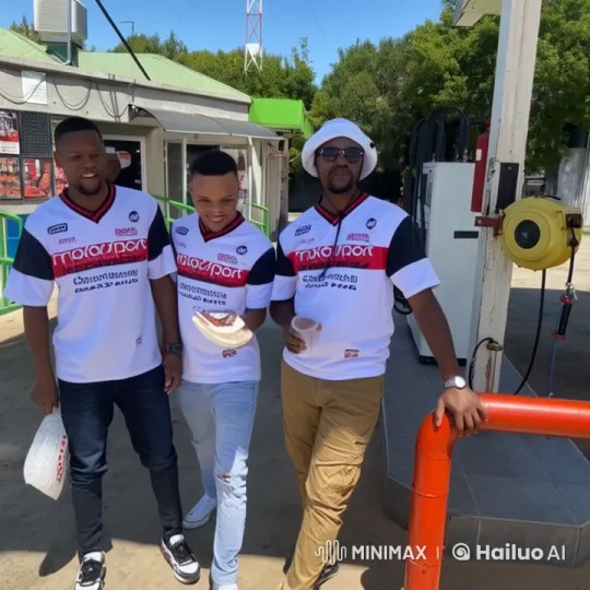 Friends in Motorsport Shirts Perform Martial Arts at Gas Station – AI Generated Video | Hailuo AI