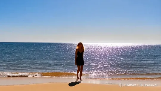 Golden Beach Elegance: Lady Meets Ocean's Majesty – AI Generated Video | Hailuo AI