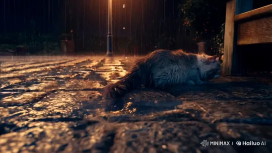 Fluffy Cat Finds Shelter Under Bench in Rainstorm – AI Generated Video | Hailuo AI