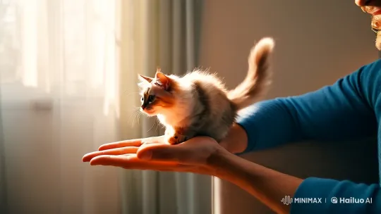 Man and Cat's Delicate Play in Golden Light – AI Generated Video | Hailuo AI