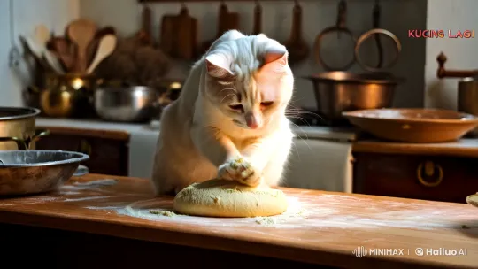 Cat Gracefully Making Dough in Vintage Kitchen – AI Generated Video | Hailuo AI