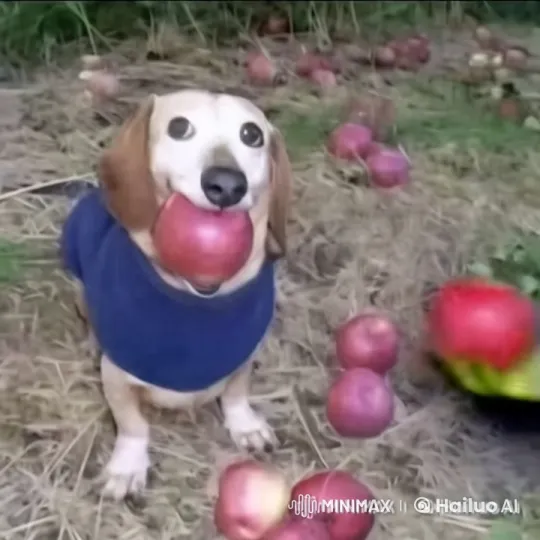 Dog in Blue Sweater Dramatically Bites Apple, Eyes Pop Out – AI Generated Video | Hailuo AI