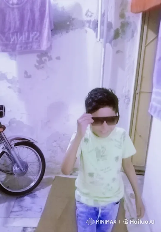 Child with Palm Tree Shirt Adjusting Face Near Motorcycle – AI Generated Video | Hailuo AI