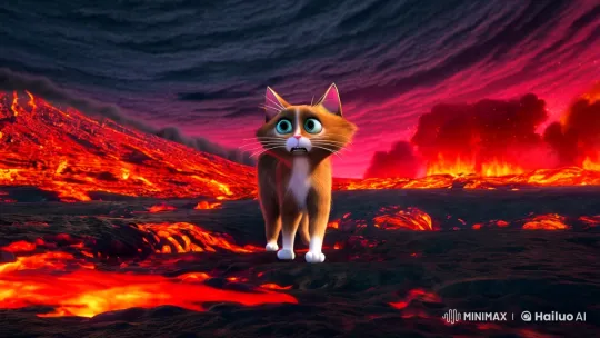 Resilient Cat in Fiery Volcanic Cataclysm – AI Generated Video | Hailuo AI
