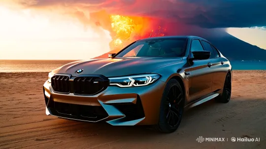 BMW M5 Showcased with Sunset and Volcanic Eruption – AI Generated Video | Hailuo AI