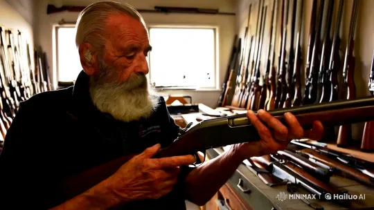 Elderly Gun Collector Showcases Vintage Rifle in Neat Workshop – AI Generated Video | Hailuo AI