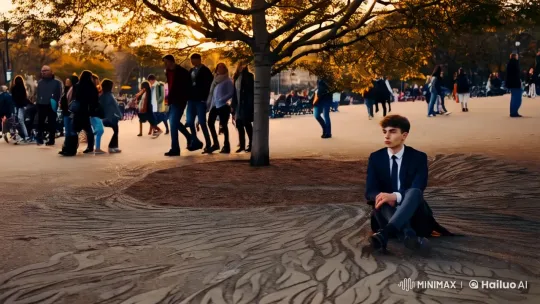 Contemplative Young Man Amidst Park's Golden Light – AI Generated Video | Hailuo AI