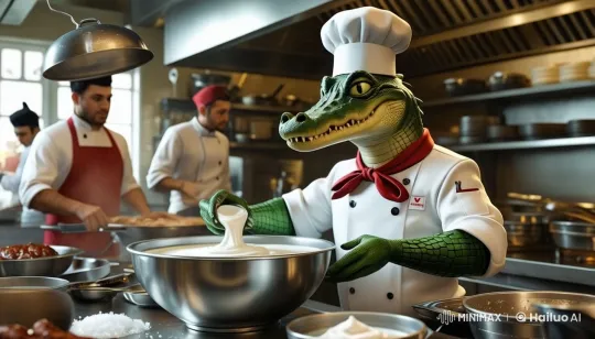 Crocodile Chef Skillfully Prepares Ayran in Animated Kitchen – AI Generated Video | Hailuo AI