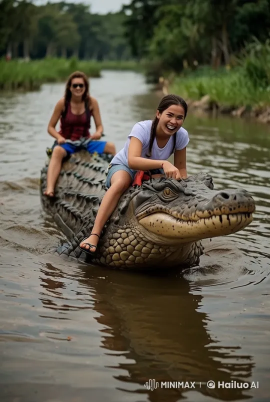 Playful Adventure: Riders on a Live2D Crocodile in Rainy River – AI Generated Video | Hailuo AI