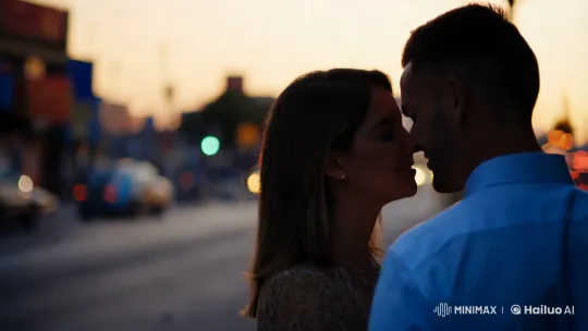 Intimate Kiss Captured in Urban Dusk Setting – AI Generated Video | Hailuo AI