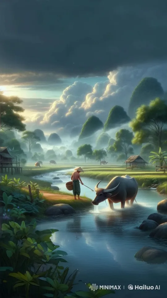 Farmer Bathing Water Buffalo in Serene Countryside – AI Generated Video | Hailuo AI