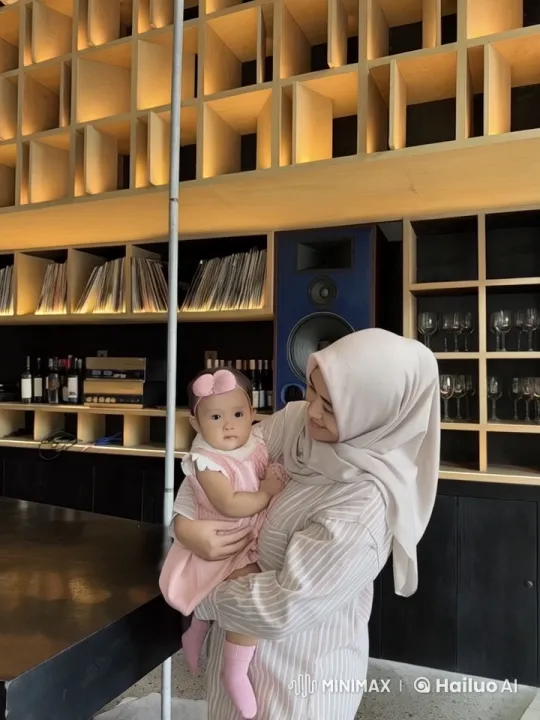 Woman in Hijab Rocks Baby in Modern Café Setting – AI Generated Video | Hailuo AI