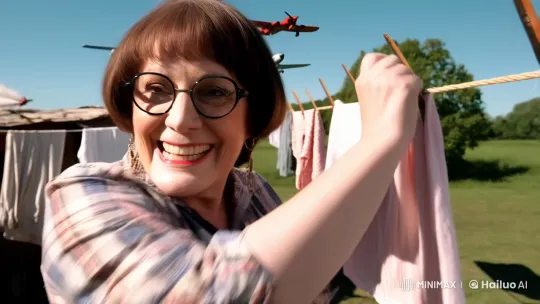 Vintage Yard: Woman with Psychotic Smile Hangs Laundry – AI Generated Video | Hailuo AI
