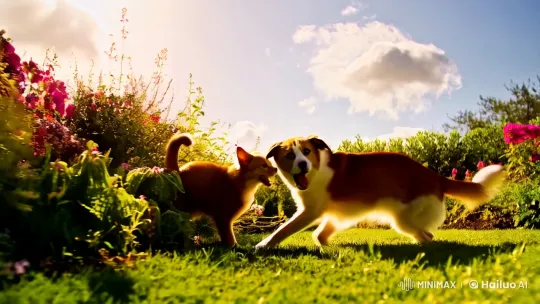 Sunlit Garden: Cat and Dog's Playful Dance – AI Generated Video | Hailuo AI