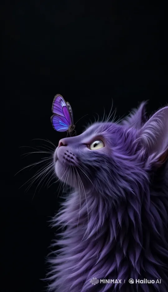 Purple Cat and Butterfly: A Serene Moment – AI Generated Video | Hailuo AI
