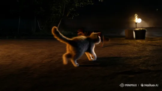 Panic-stricken Cat Evades Dog in Nocturnal Chase – AI Generated Video | Hailuo AI
