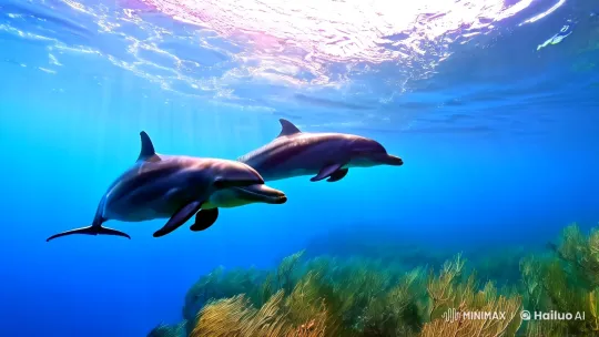 Dolphins Dance Gracefully in Sunlit Underwater – AI Generated Video | Hailuo AI