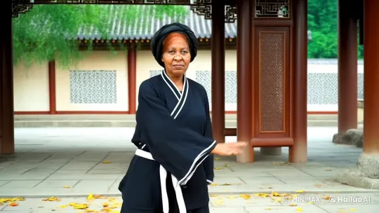 Martial Arts Display by Determined Woman in Serene Courtyard – AI Generated Video | Hailuo AI