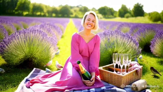 Lavender Field Serenity with Champagne and Pink Dress – AI Generated Video | Hailuo AI