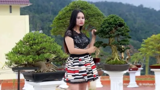 Young Woman Embraces and Kisses Bonsai Tree in Serene Outdoor Setting – AI Generated Video | Hailuo AI