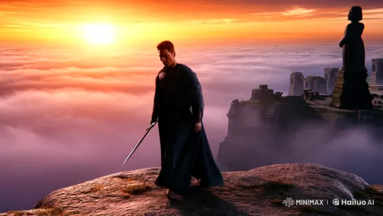Lone Warrior Stands at Sky's Edge Amidst Ruins and Storm – AI Generated Video | Hailuo AI