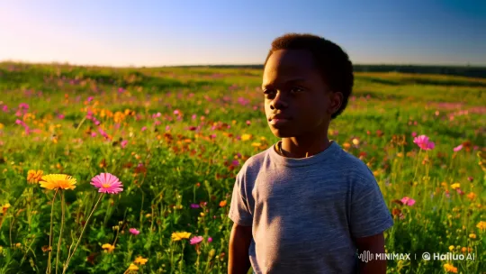 Contemplative Boy in Sunlit Wildflower Field – AI Generated Video | Hailuo AI