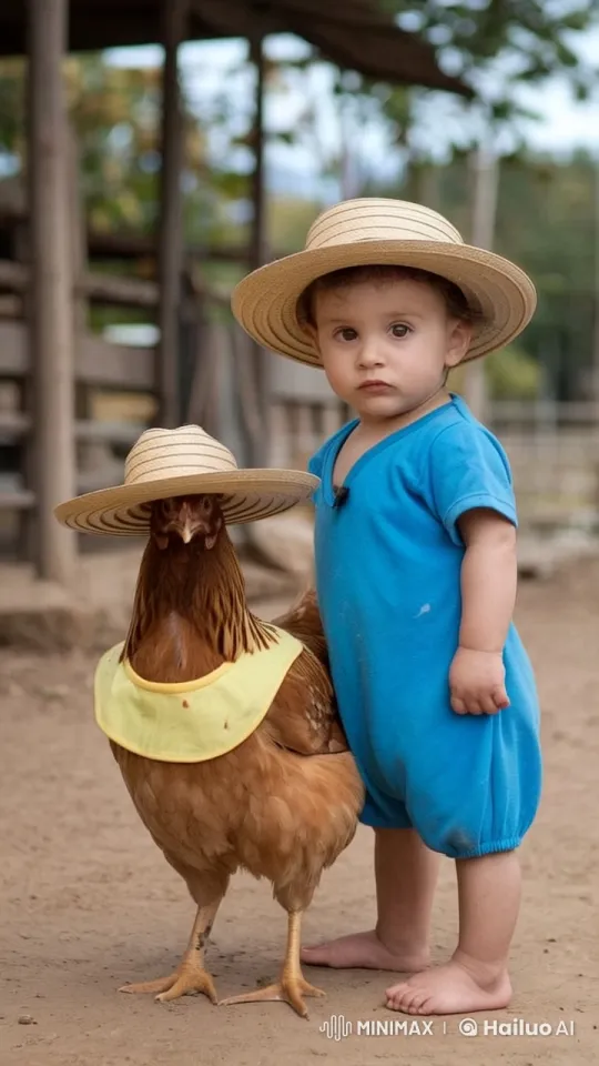One-Year-Old Child Faces Off with Chicken Amidst Dust – AI Generated Video | Hailuo AI
